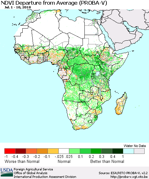 Africa NDVI Departure from Average (PROBA-V) Thematic Map For 7/1/2018 - 7/10/2018
