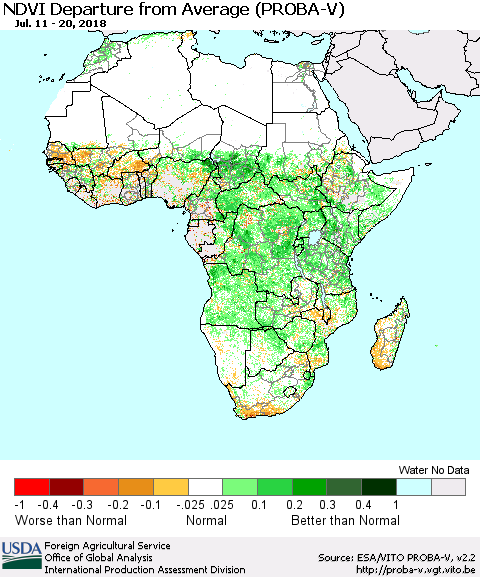 Africa NDVI Departure from Average (PROBA-V) Thematic Map For 7/11/2018 - 7/20/2018