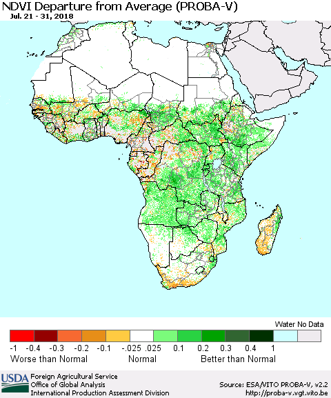 Africa NDVI Departure from Average (PROBA-V) Thematic Map For 7/21/2018 - 7/31/2018