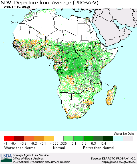 Africa NDVI Departure from Average (PROBA-V) Thematic Map For 8/1/2018 - 8/10/2018