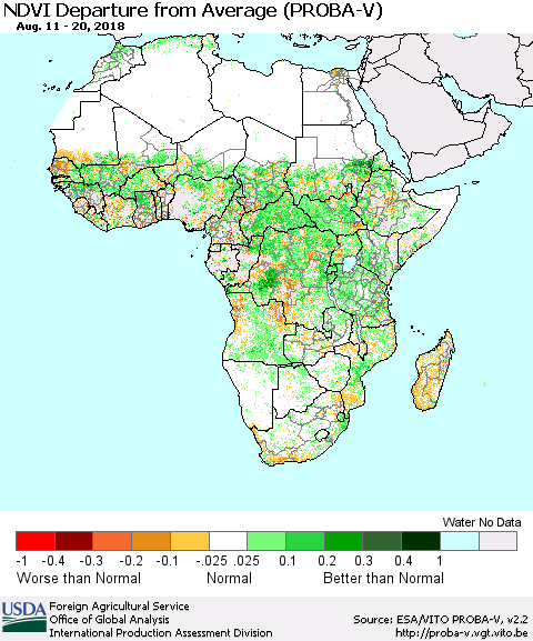 Africa NDVI Departure from Average (PROBA-V) Thematic Map For 8/11/2018 - 8/20/2018