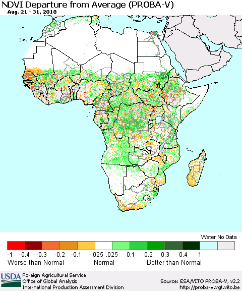 Africa NDVI Departure from Average (PROBA-V) Thematic Map For 8/21/2018 - 8/31/2018