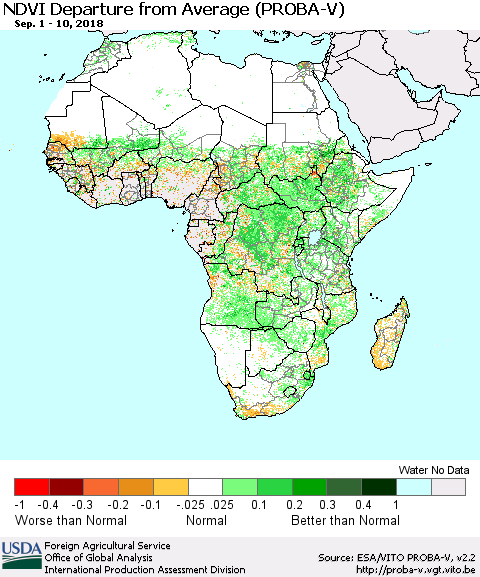 Africa NDVI Departure from Average (PROBA-V) Thematic Map For 9/1/2018 - 9/10/2018
