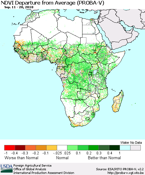 Africa NDVI Departure from Average (PROBA-V) Thematic Map For 9/11/2018 - 9/20/2018