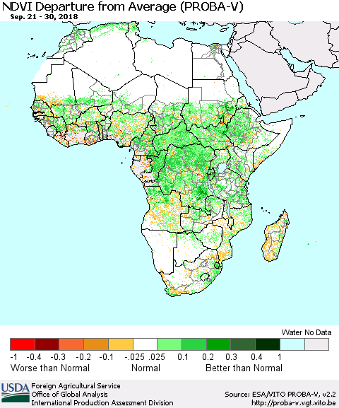 Africa NDVI Departure from Average (PROBA-V) Thematic Map For 9/21/2018 - 9/30/2018