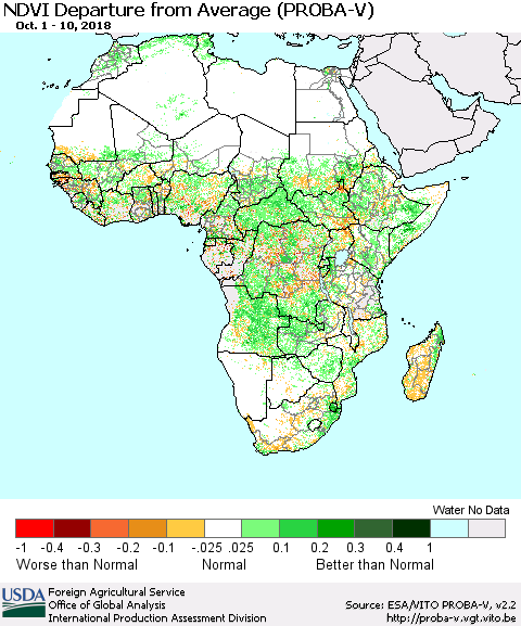 Africa NDVI Departure from Average (PROBA-V) Thematic Map For 10/1/2018 - 10/10/2018