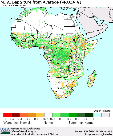 Africa NDVI Departure from Average (PROBA-V) Thematic Map For 10/11/2018 - 10/20/2018