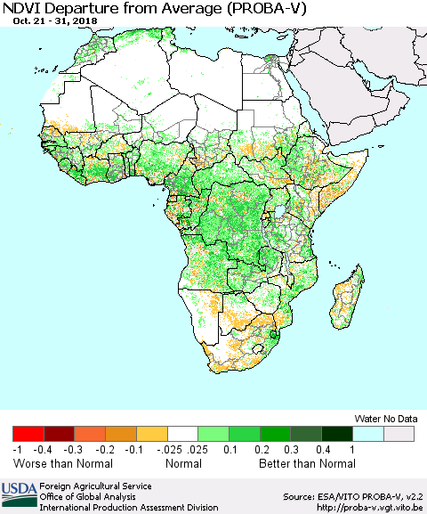 Africa NDVI Departure from Average (PROBA-V) Thematic Map For 10/21/2018 - 10/31/2018