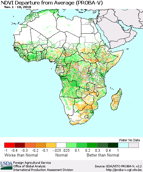 Africa NDVI Departure from Average (PROBA-V) Thematic Map For 11/1/2018 - 11/10/2018