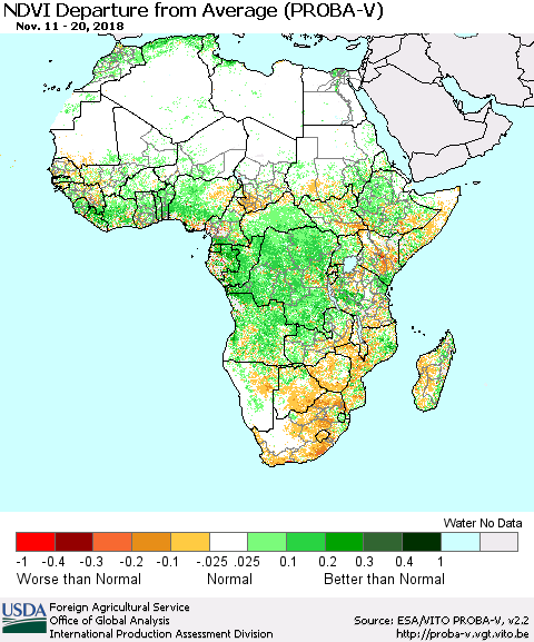 Africa NDVI Departure from Average (PROBA-V) Thematic Map For 11/11/2018 - 11/20/2018