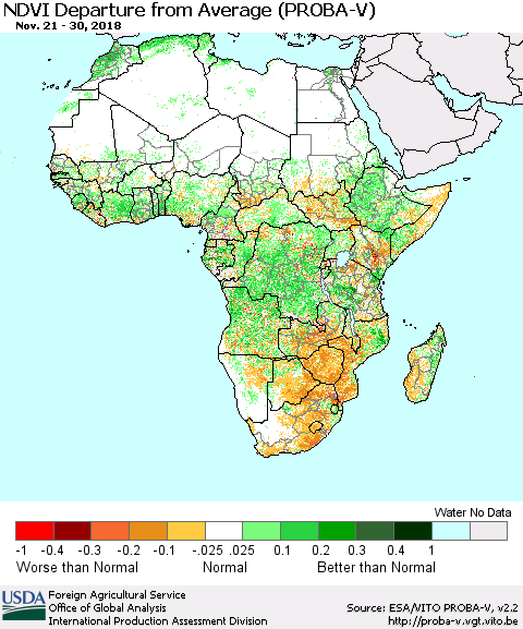 Africa NDVI Departure from Average (PROBA-V) Thematic Map For 11/21/2018 - 11/30/2018