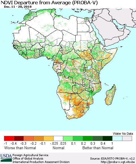 Africa NDVI Departure from Average (PROBA-V) Thematic Map For 12/11/2018 - 12/20/2018