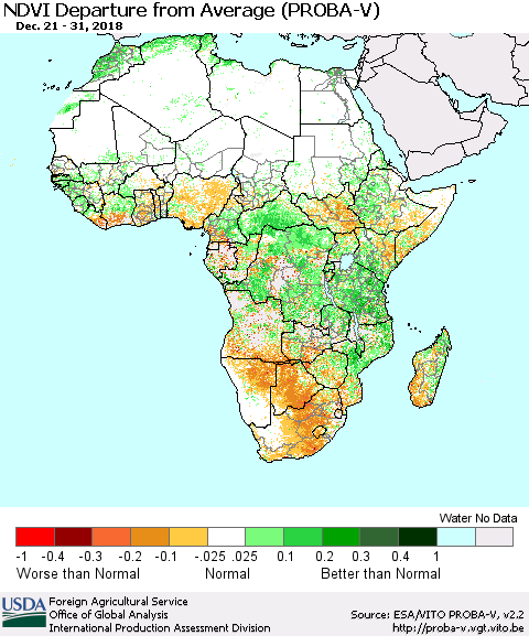 Africa NDVI Departure from Average (PROBA-V) Thematic Map For 12/21/2018 - 12/31/2018