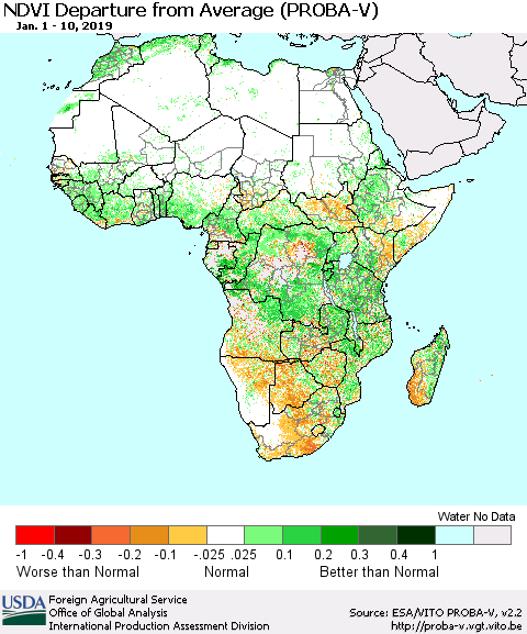 Africa NDVI Departure from Average (PROBA-V) Thematic Map For 1/1/2019 - 1/10/2019