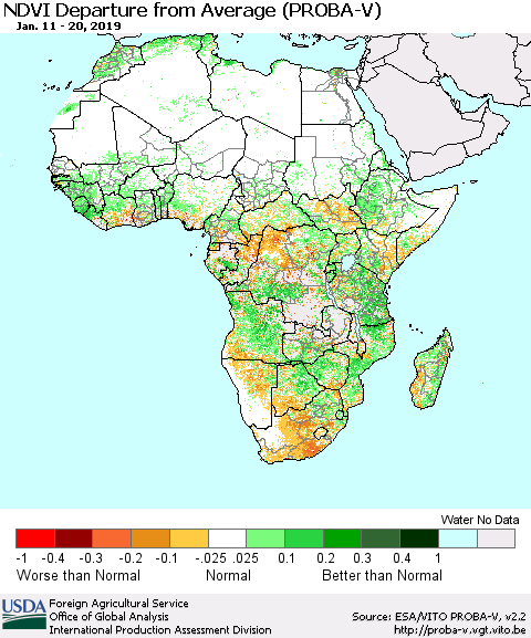 Africa NDVI Departure from Average (PROBA-V) Thematic Map For 1/11/2019 - 1/20/2019