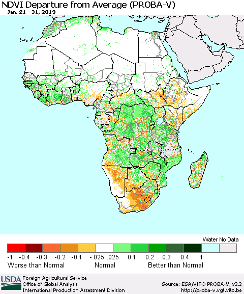 Africa NDVI Departure from Average (PROBA-V) Thematic Map For 1/21/2019 - 1/31/2019