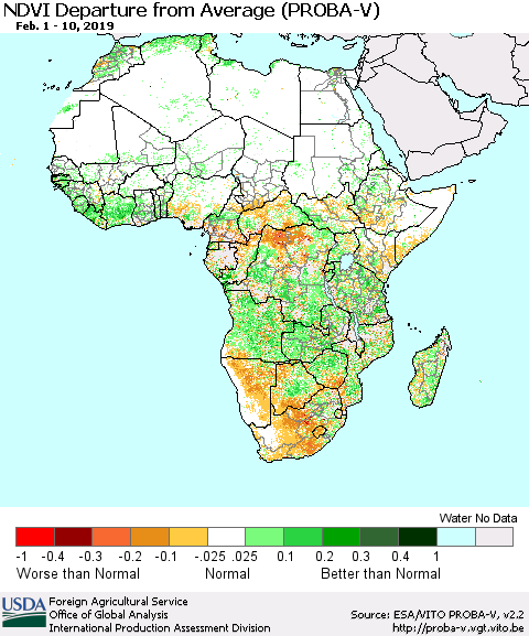 Africa NDVI Departure from Average (PROBA-V) Thematic Map For 2/1/2019 - 2/10/2019
