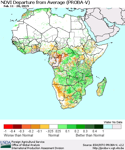 Africa NDVI Departure from Average (PROBA-V) Thematic Map For 2/11/2019 - 2/20/2019