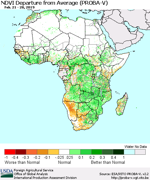 Africa NDVI Departure from Average (PROBA-V) Thematic Map For 2/21/2019 - 2/28/2019