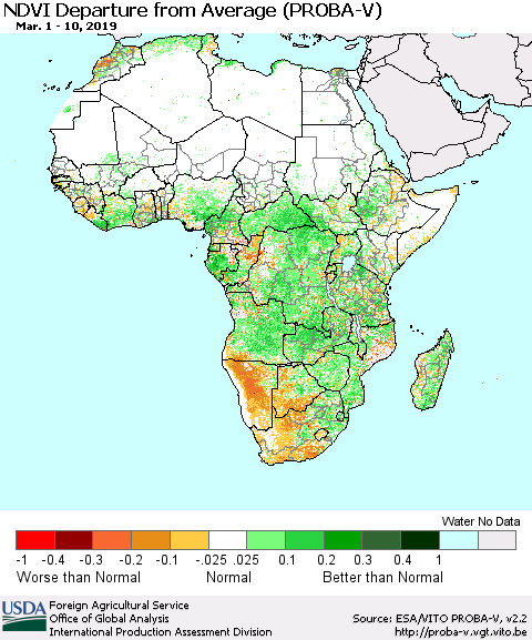Africa NDVI Departure from Average (PROBA-V) Thematic Map For 3/1/2019 - 3/10/2019