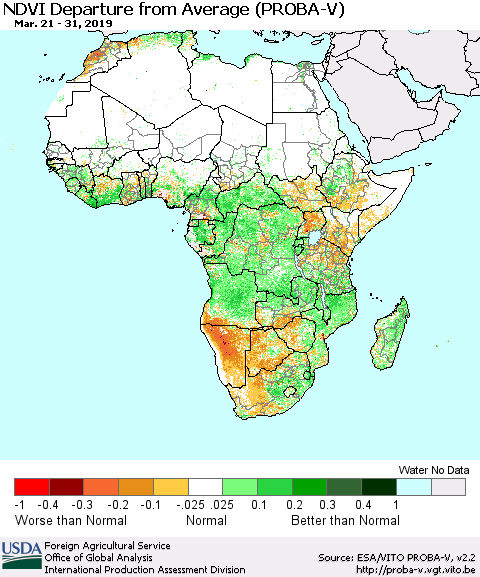 Africa NDVI Departure from Average (PROBA-V) Thematic Map For 3/21/2019 - 3/31/2019