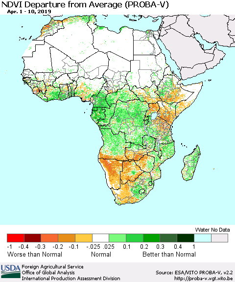 Africa NDVI Departure from Average (PROBA-V) Thematic Map For 4/1/2019 - 4/10/2019