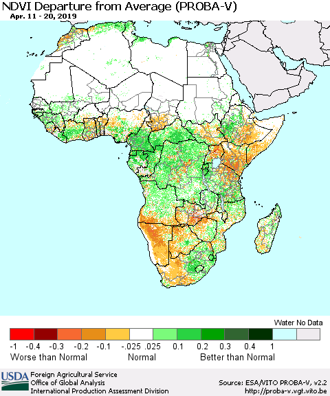 Africa NDVI Departure from Average (PROBA-V) Thematic Map For 4/11/2019 - 4/20/2019