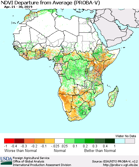 Africa NDVI Departure from Average (PROBA-V) Thematic Map For 4/21/2019 - 4/30/2019