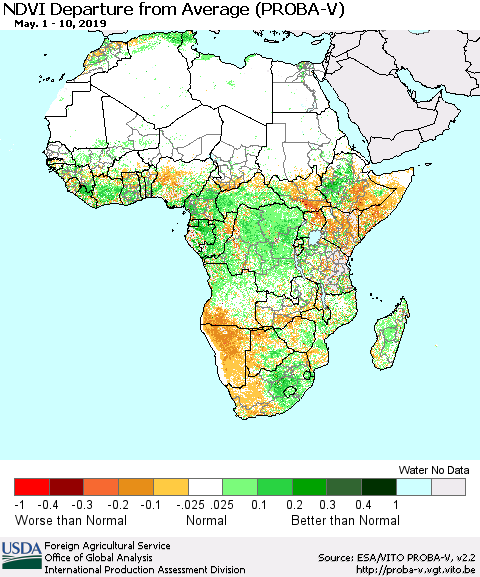 Africa NDVI Departure from Average (PROBA-V) Thematic Map For 5/1/2019 - 5/10/2019