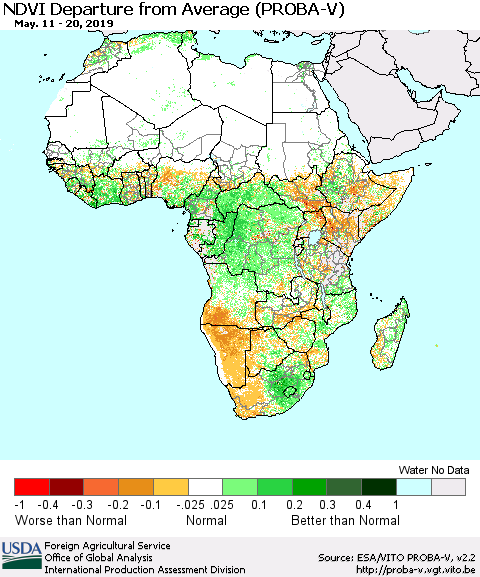 Africa NDVI Departure from Average (PROBA-V) Thematic Map For 5/11/2019 - 5/20/2019