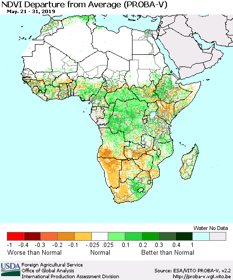 Africa NDVI Departure from Average (PROBA-V) Thematic Map For 5/21/2019 - 5/31/2019