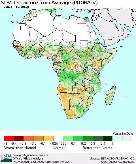 Africa NDVI Departure from Average (PROBA-V) Thematic Map For 6/1/2019 - 6/10/2019
