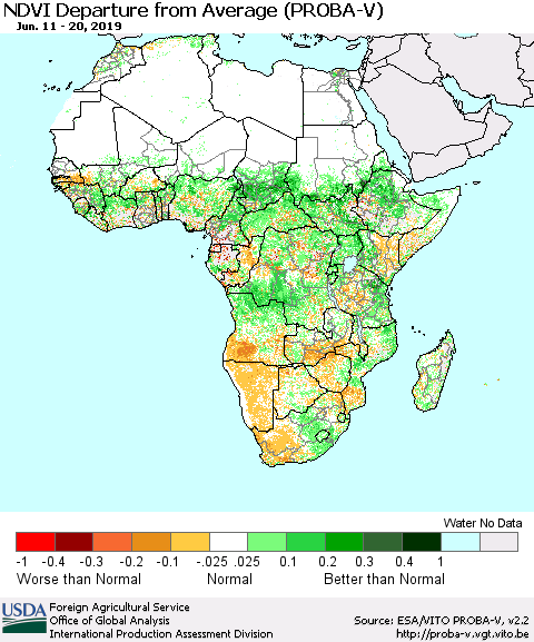 Africa NDVI Departure from Average (PROBA-V) Thematic Map For 6/11/2019 - 6/20/2019