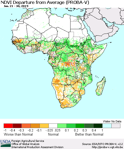 Africa NDVI Departure from Average (PROBA-V) Thematic Map For 6/21/2019 - 6/30/2019
