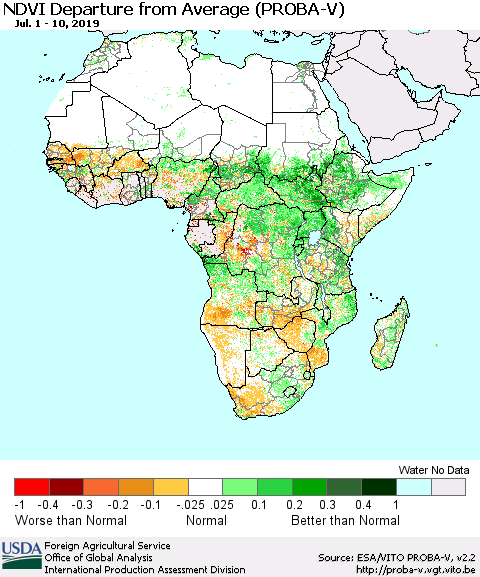Africa NDVI Departure from Average (PROBA-V) Thematic Map For 7/1/2019 - 7/10/2019