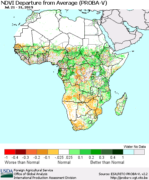 Africa NDVI Departure from Average (PROBA-V) Thematic Map For 7/21/2019 - 7/31/2019