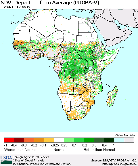 Africa NDVI Departure from Average (PROBA-V) Thematic Map For 8/1/2019 - 8/10/2019
