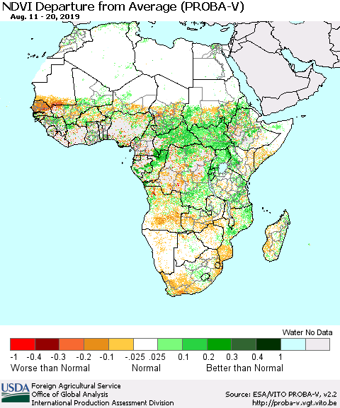 Africa NDVI Departure from Average (PROBA-V) Thematic Map For 8/11/2019 - 8/20/2019