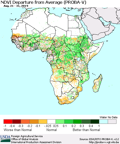 Africa NDVI Departure from Average (PROBA-V) Thematic Map For 8/21/2019 - 8/31/2019