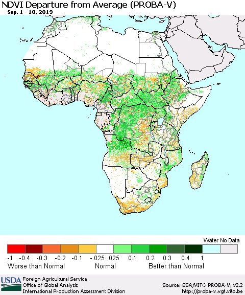 Africa NDVI Departure from Average (PROBA-V) Thematic Map For 9/1/2019 - 9/10/2019