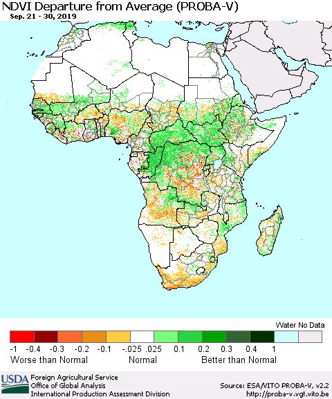Africa NDVI Departure from Average (PROBA-V) Thematic Map For 9/21/2019 - 9/30/2019