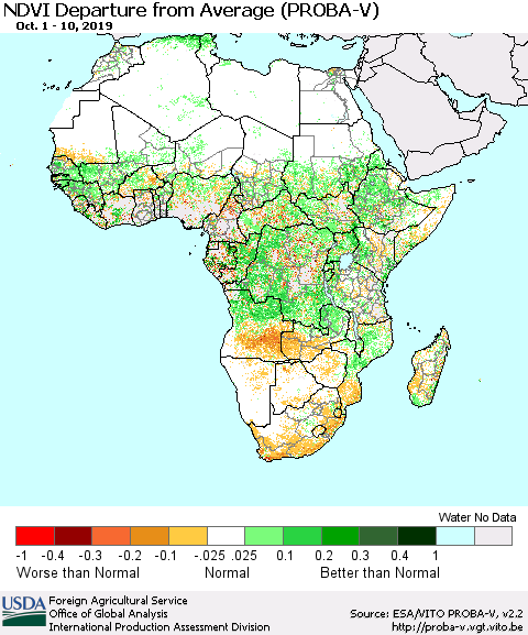 Africa NDVI Departure from Average (PROBA-V) Thematic Map For 10/1/2019 - 10/10/2019