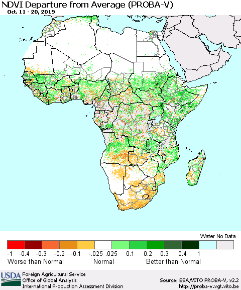 Africa NDVI Departure from Average (PROBA-V) Thematic Map For 10/11/2019 - 10/20/2019
