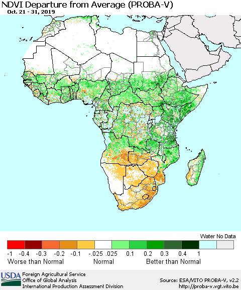 Africa NDVI Departure from Average (PROBA-V) Thematic Map For 10/21/2019 - 10/31/2019