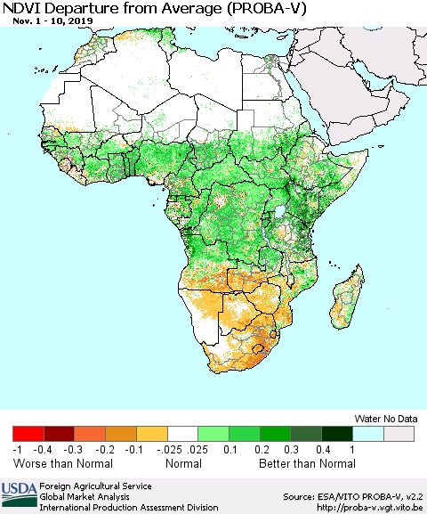 Africa NDVI Departure from Average (PROBA-V) Thematic Map For 11/1/2019 - 11/10/2019