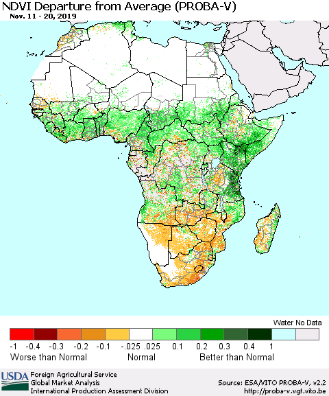 Africa NDVI Departure from Average (PROBA-V) Thematic Map For 11/11/2019 - 11/20/2019