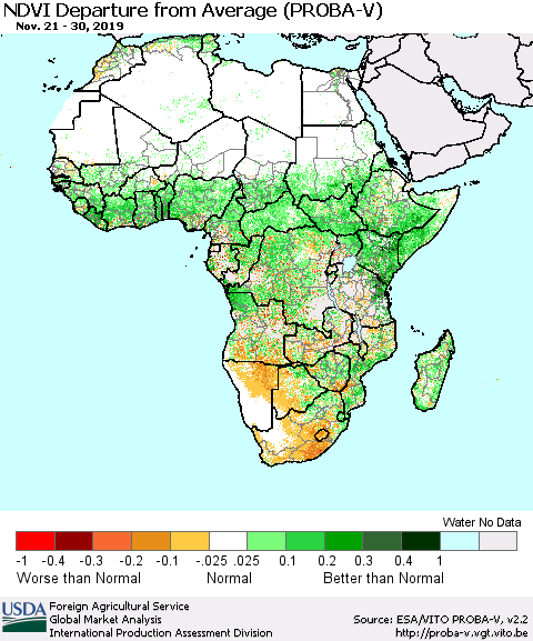 Africa NDVI Departure from Average (PROBA-V) Thematic Map For 11/21/2019 - 11/30/2019