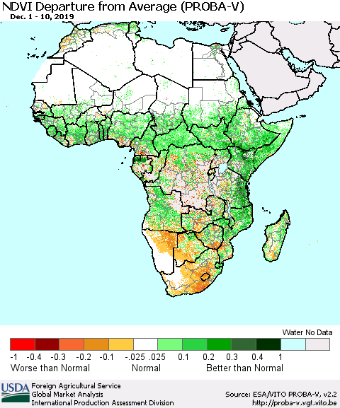 Africa NDVI Departure from Average (PROBA-V) Thematic Map For 12/1/2019 - 12/10/2019