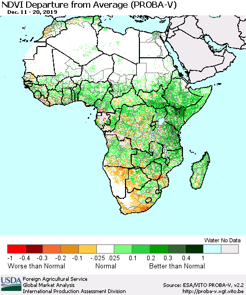 Africa NDVI Departure from Average (PROBA-V) Thematic Map For 12/11/2019 - 12/20/2019