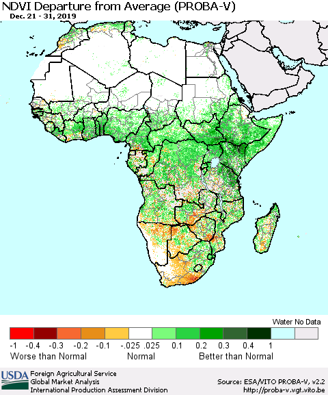 Africa NDVI Departure from Average (PROBA-V) Thematic Map For 12/21/2019 - 12/31/2019